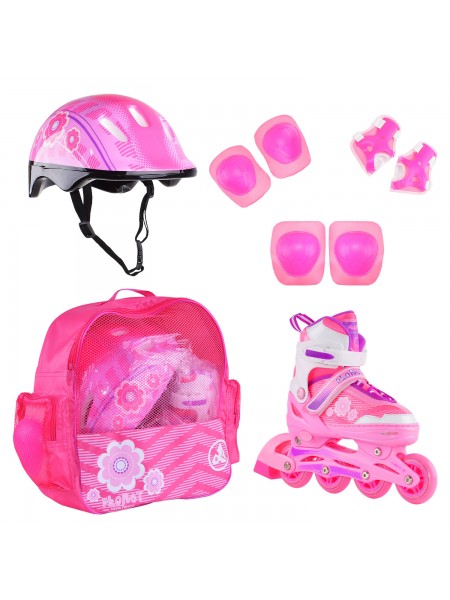Набор раздвижных роликовых коньков с защитой RGX FLORET белый-розовый-фиолетовый