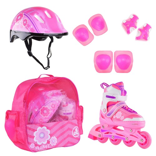 Набор раздвижных роликовых коньков с защитой RGX FLORET белый-розовый-фиолетовый